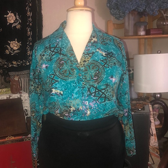 Santa Cruz Spirtwear - vintage 80’s 90’s top- abstract pattern- aqua blue- XL - Picture 1 of 9